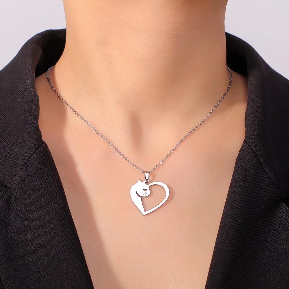 Cazador Animal Cat Kitten Heart Pendant Women's Necklace Stainless Steel Cute Choker Chain Jewelry Birthday Valentine Gift 2026