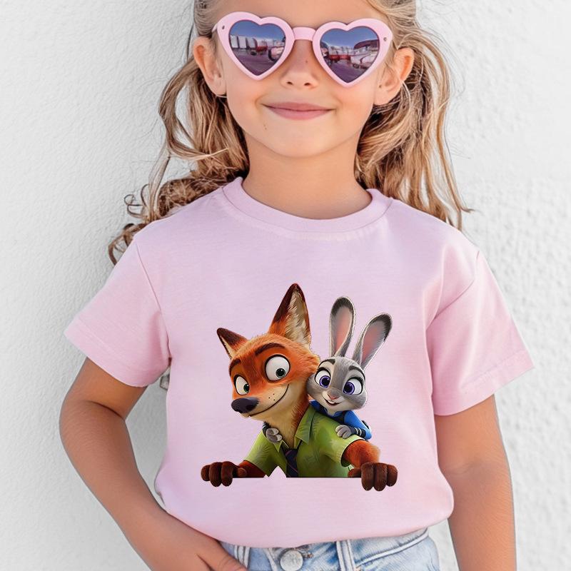 

Fox & Rabbit Cartoon Print Kids Cotton T-Shirt - Round Neck, Short Sleeve 100 cm