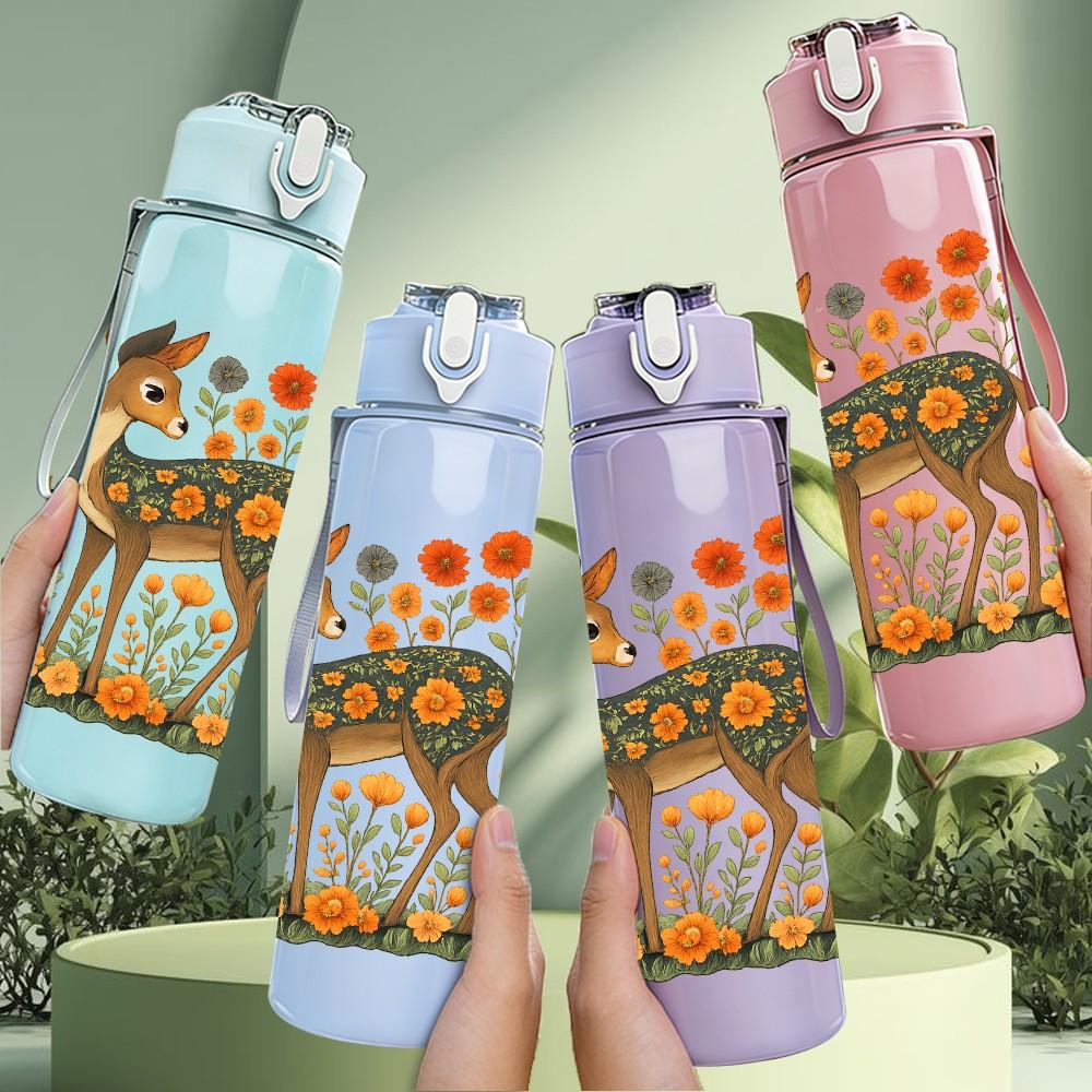 1PC Floral Deer Illustration 750ml Color Plastic Sports Water Bottle Leakproof Flip Straw Lid Suitable for Sports Office Home Use
