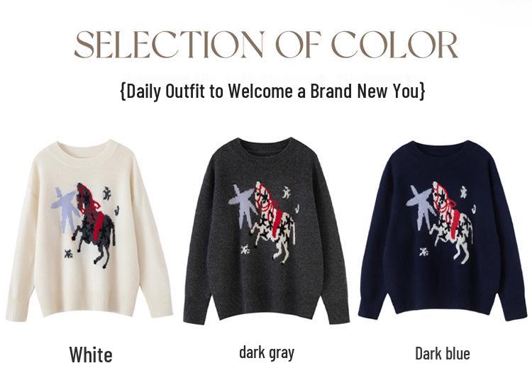 2025 Autumn/Winter Women's Pure Wool Round Neck Jacquard Horse Sweater