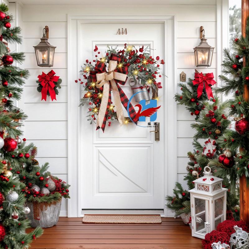 Christmas Wreath With Red Berries Bows Door Hanging Xmas Holiday Decor