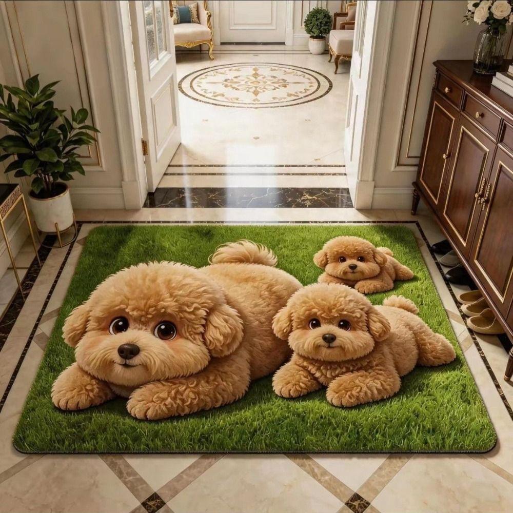 Absorbent Teddy Dog Print Rug Diatomite Entryway Rug Cartoon Floor Mat Home Decor