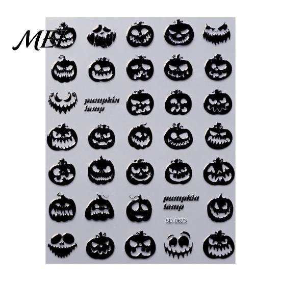 DIY Home Manicure Tools Halloween Nail Art Stickers, 3D Embossed Skeleton Hand Pumpkin Bat Dark Style Wraps Black Decals, Self-Adhesive Sliders