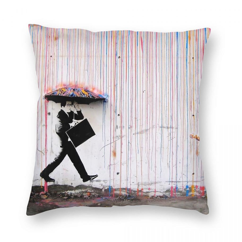 Banksy Umbrella Happy Girl Square Pillowcase Polyester Linen Velvet Creative Zip Decorative Pillow Case Home Cushion Case