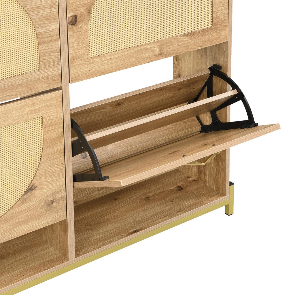 Elegant Wooden Shoe Cabinet with Rattan Doors – 4 Doors, Metal Frame and Top Shelf for Stylish and Organized Storage.