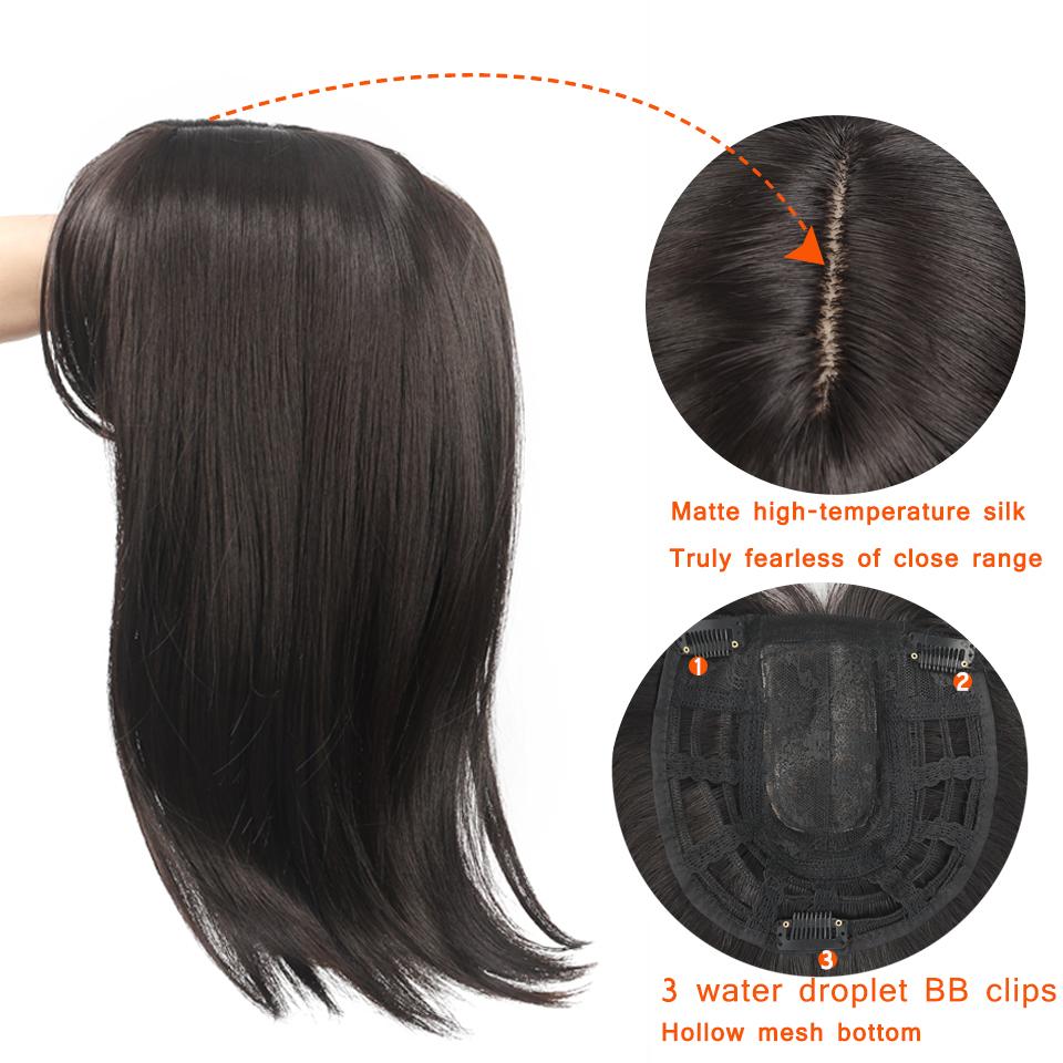 Natürliches synthetisches Kunsthaarteil, braun, schwarz, für Frauen, Topper mit Mittelteil, Pony, Clip-in-Haarverlängerungen für Frauen