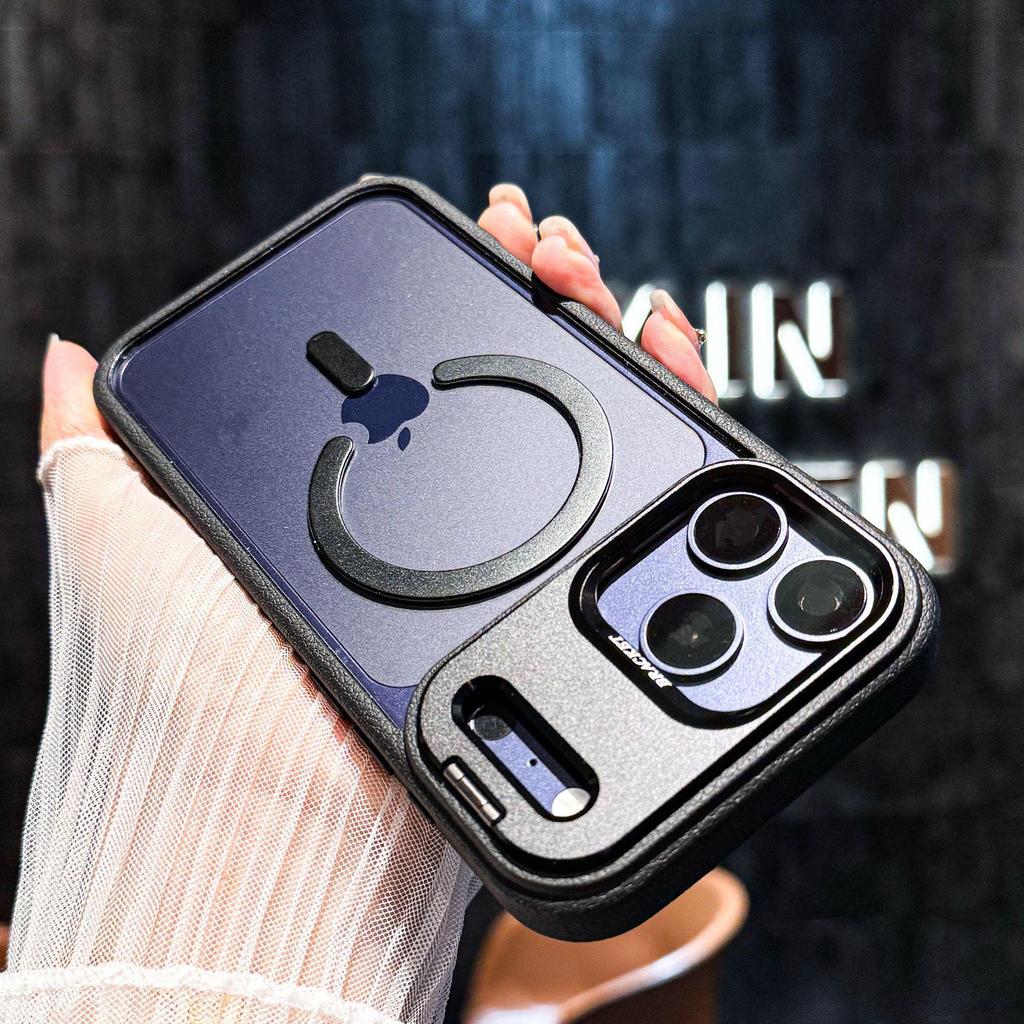 Compatible with Apple 17 Promax: Leather Texture Magnetic Case, iPhone 16 PM Lens Stand, and iPhone 15 Frosted Protective Cover.