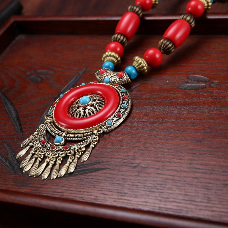Этнический стиль Винтажные бусы Ожерелье Заявление Подвеска Ювелирные изделия Свитер Цепь Аксессуары красный