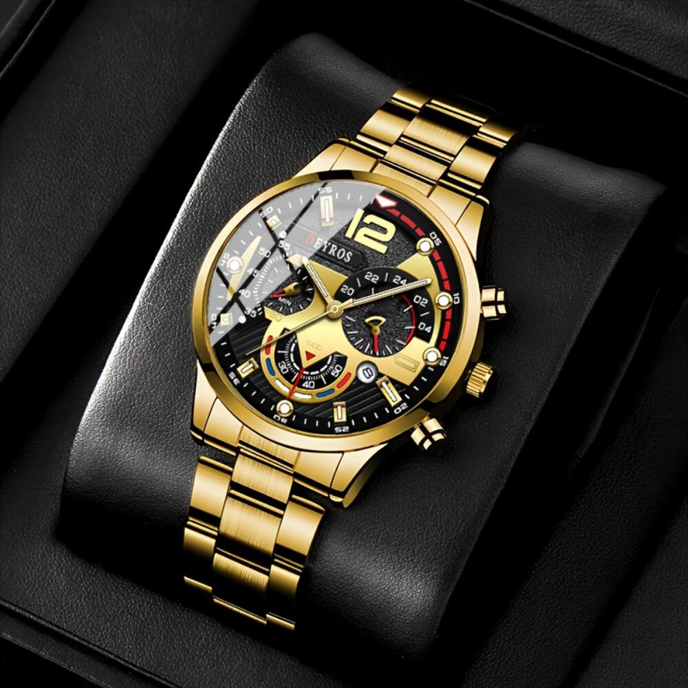 3pcs/set, Fashion Men's Business Watch, Casual Stainless Steel Quartz Wristwatch, Golden Necklace, Bracelet and Wristwatches Set