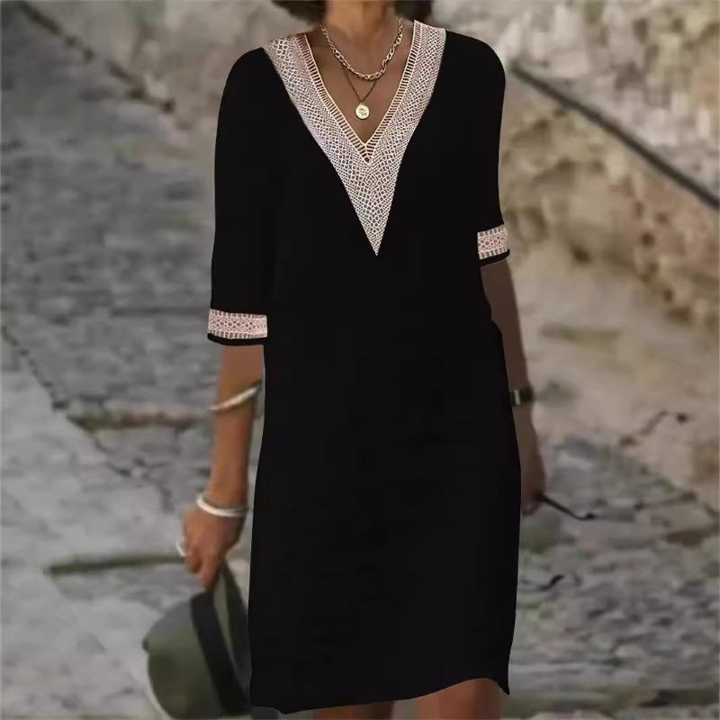 Damen Einfarbiges Baumwollleinen Freizeitkleid mit Spitzenkante und halblangen Ärmeln