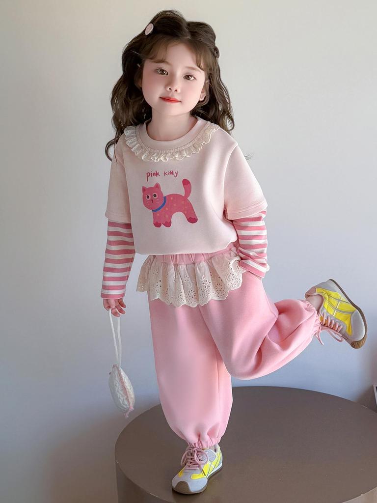 Mädchen Sweatshirt und Hose Set mit Spitzenkragen - Lässiger Frühlings-/Herbststil