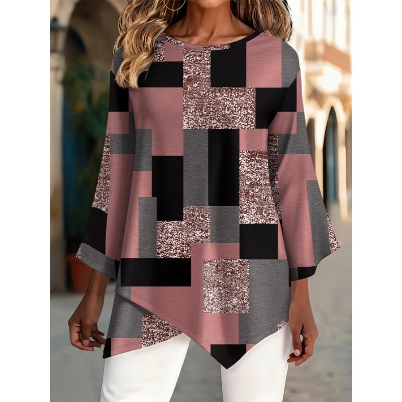 Fashion new large size contrasting color block pattern round neck printed decoration simple comfortable casual women s clothing S