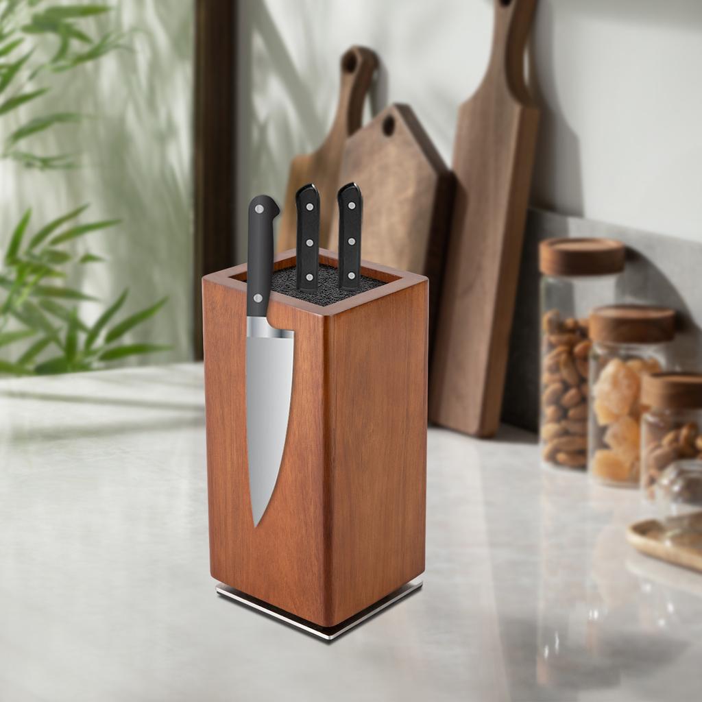 360° Rotating Magnetic Knife Block - Strong Magnet, Acacia Wood & PP Core, Drainage Holes for Dryness, Durable & Space-Saving Design (11x11x24. 6cm)