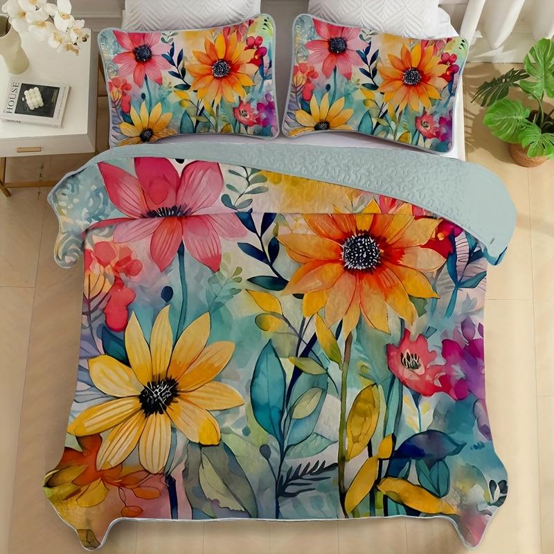 Vibrant Floral Quilt Set 1 Quilt+2 Pillowcases Floral Quilt Set Cozy Lightweight Watercolor Flower Bedding King Queen Sizes