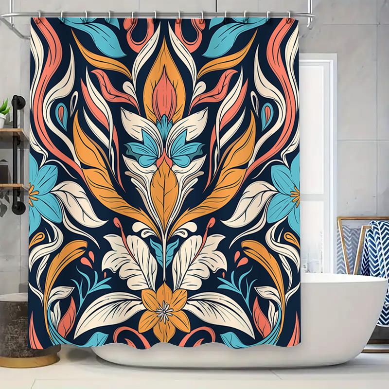 

Modern Floral Shower Curtain Waterproof Bathroom Decor For Home Decoration In Navy Blue, Orange, White With Leaf Pattern (180X18 W60H190(CM)-1 Pcs