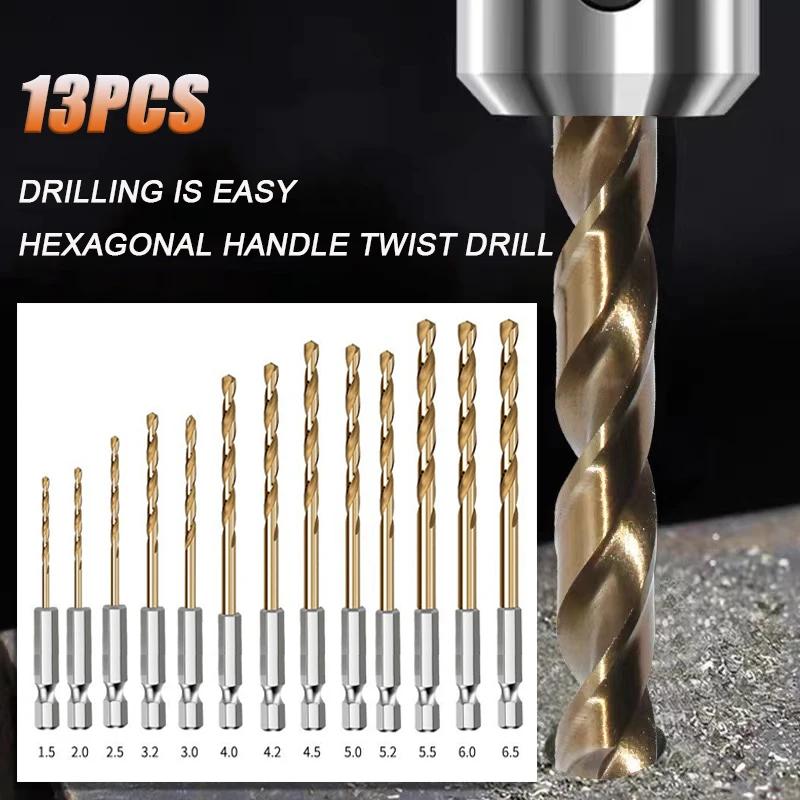 13PCS Hexagonal Handle Titanium Twists Drill 1.5-6.5mm Electric Drill Screwdriver Drilling Reaming Drill Tool Spiral Drill Bit