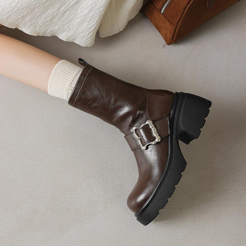 Side Zipper Short Boots Women'S Round Head Elastic Thin Boots Belt Buckle Thick Sole Height Small Medium Boots