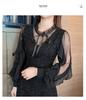 2026 Spring Women's Elegant A-line Polka Dot Long-Sleeved Dress with Mesh Patchwork and Lace-up Details