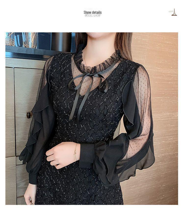 2026 Spring Women's Elegant A-line Polka Dot Long-Sleeved Dress with Mesh Patchwork and Lace-up Details
