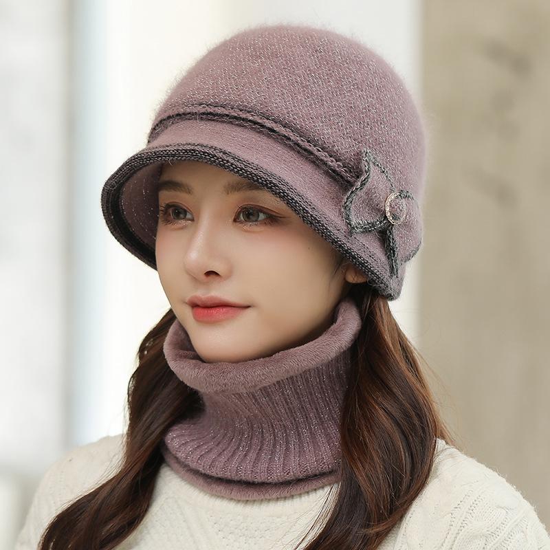 Autumn Winter Women's Rabbit Fur Hats Neck Scarf Sets Solid Color Basin Hat Knitted Woolen Caps Warm Casual Fisherman Hats with Scarf Trendy