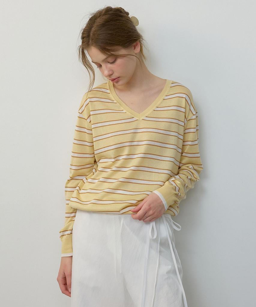 CITYBREEZE Linen V-Neck Striped Pullover Knit_Yellow