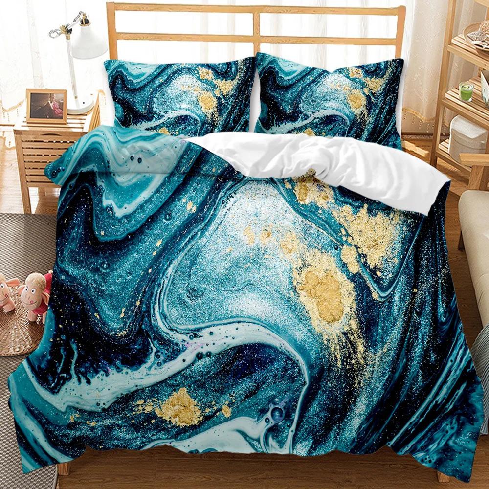 Marble Duvet Cover Set Marble Bedding Set Blue Gold Abstract Texture Kid Bedclothes Double Queen King Size Polyester Quilt Cover