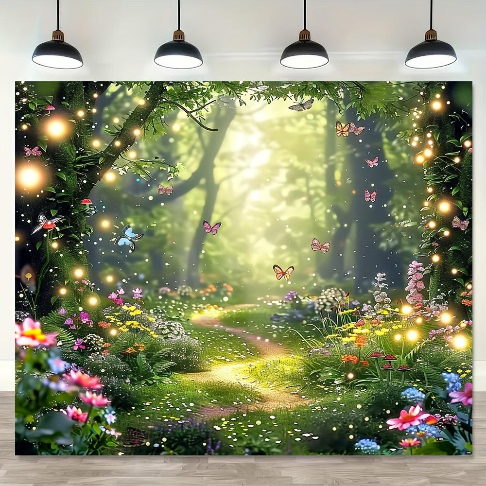 2D Plane Polyester Fiber Magic Forest and Butterfly Wonderland Background Fabric - Wild Flowers and Fluttering Butterflies