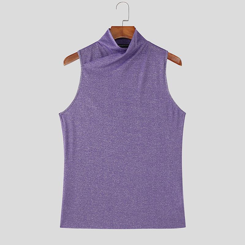 INCERUN Herren Hochgeschlossenes Ärmelloses Einfarbiges Glitzer Figurbetontes Lässiges Tanktop Weste