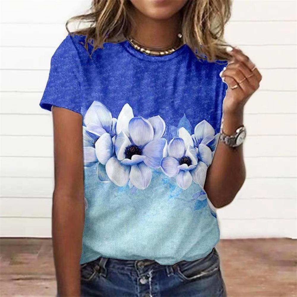 Farbenfrohes Damen-T-Shirt mit Aufdruck, 3D-gedrucktes Sommer-Mode-T-Shirt, Kurzärmeliges Rundhals-Top mit Pflanzenmustern