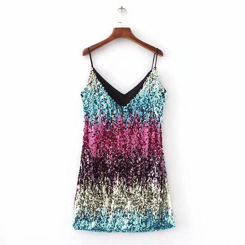 2025 Summer Sleeveless Sequin V-neck Mini Dress for Women - Sexy European & American Style with Spaghetti Straps