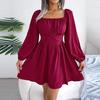 Women Dress High Waist Solid Color Square Neck Big Swing Wood Edge Spring Summer