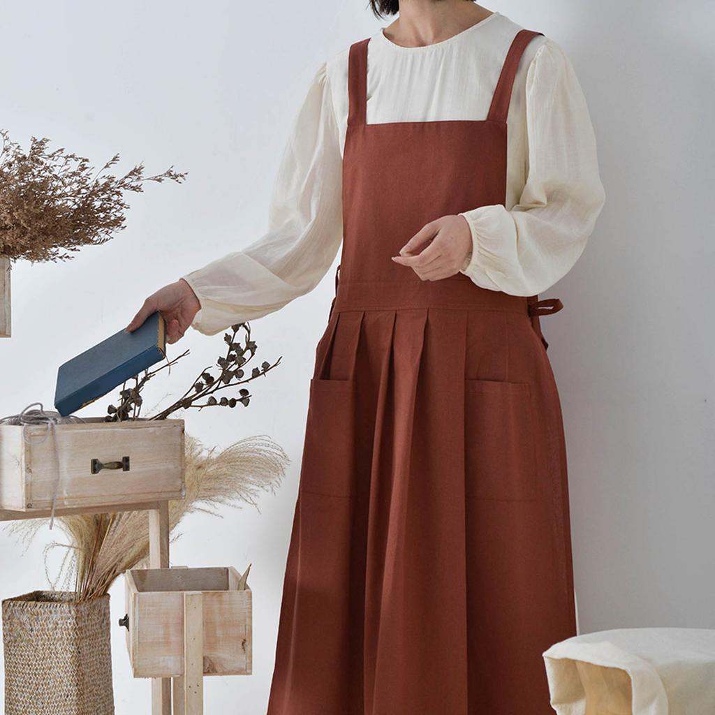 Bavlněná lněná zástěra pro ženy Vintage voděodolná zástěra Zástěra šaty s kapsami na pečení vaření zahradničení práce