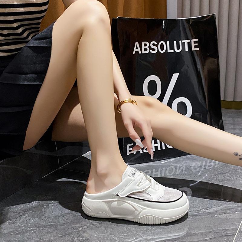 Fashion 2025 Women Baotou Mesh Casual Shoes Summer Lazy Slippers Fashion Breathable Soft-soled Round-toe White Sandals Zapatos De Mujer