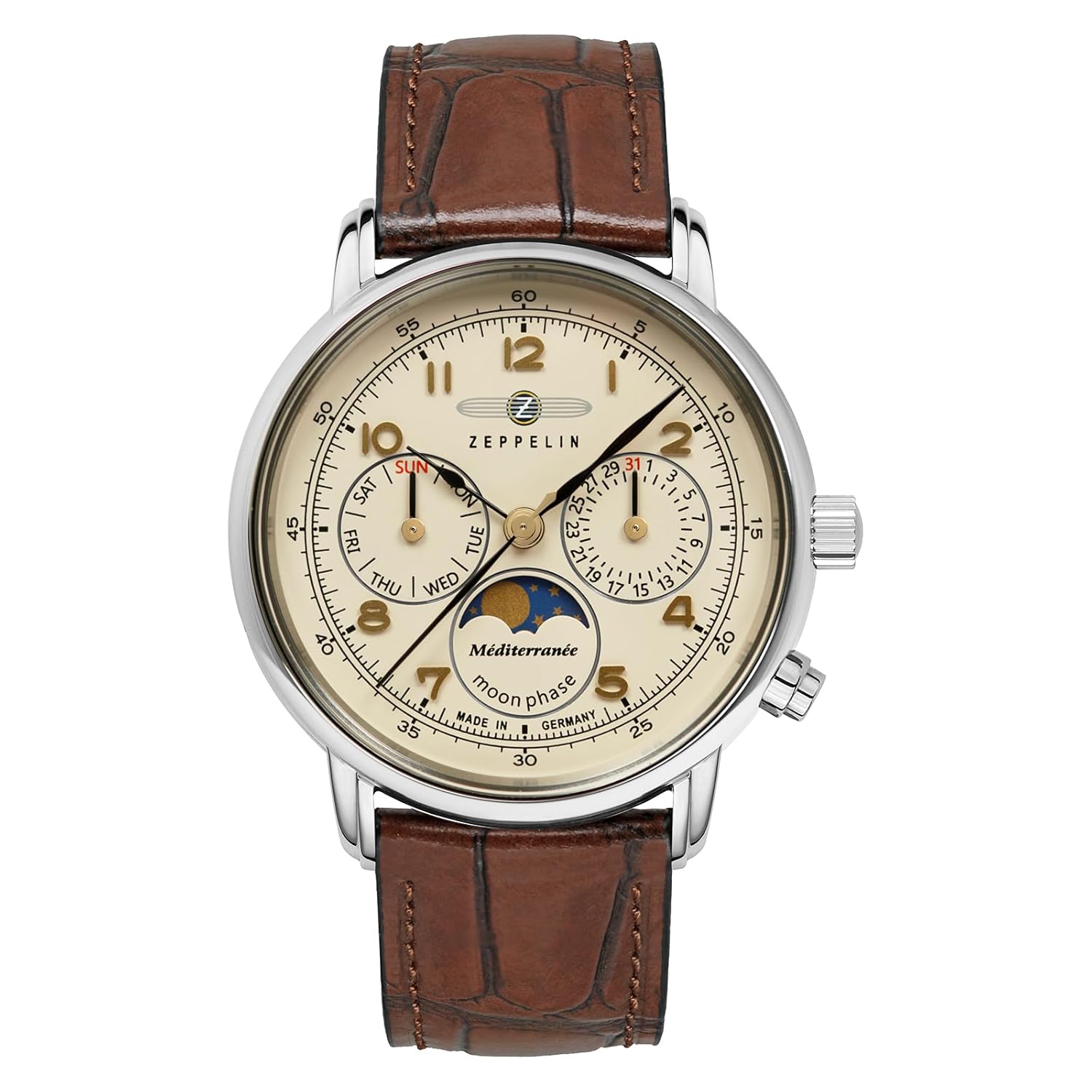 

ZEPPELIN Mens Watch Mediterranee 9637-5 Quartz 5 ATM Water Resistant Mineral Glass Ivory Dial Stainless Steel