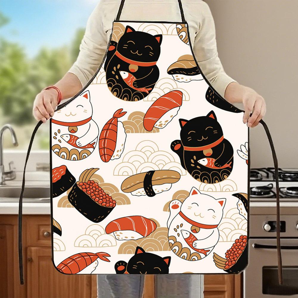 A Sushi-Themed Apron Featuring a Cute Cat Design with Patterns of Tuna, Salmon, And Rolled Sushi - a Durable Kitchen Apron Perfect for Cooking, Baking