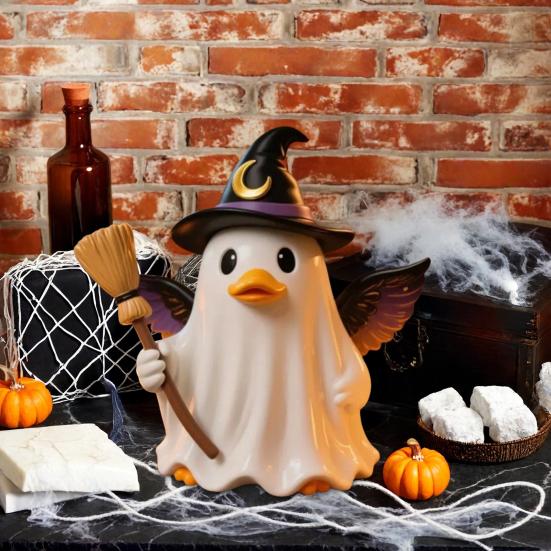 Halloween Witch Ghost Figurine with Candy Corn Pumpkin Decor Ghost Duck Halloween Resin Statue Halloween Decor
