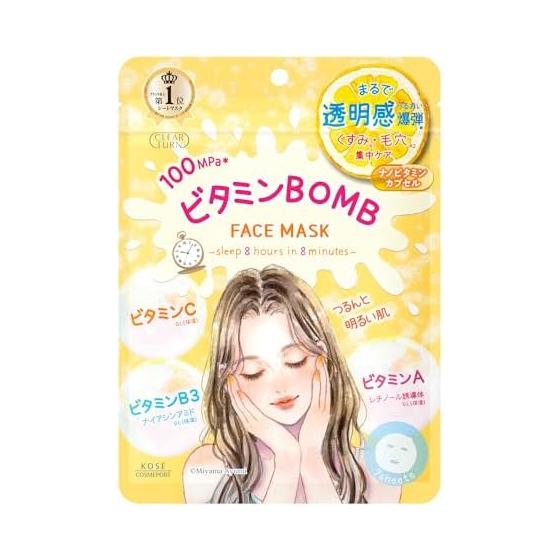 Clear Turn KOSE Vitamin BOMB Face Pack Face Mask Sensitive Skin Hypoallergenic 7 Pieces Transparent Skin