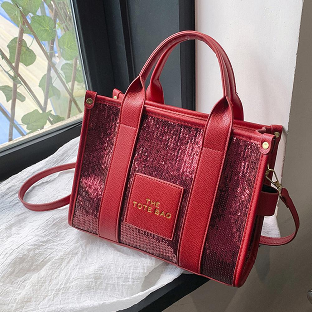Women Party Tote Bag PU Leather Sequins Top-Handle Bags Casual Fashion Shiny Portable Adjustable Straps Shopper Tote Purse