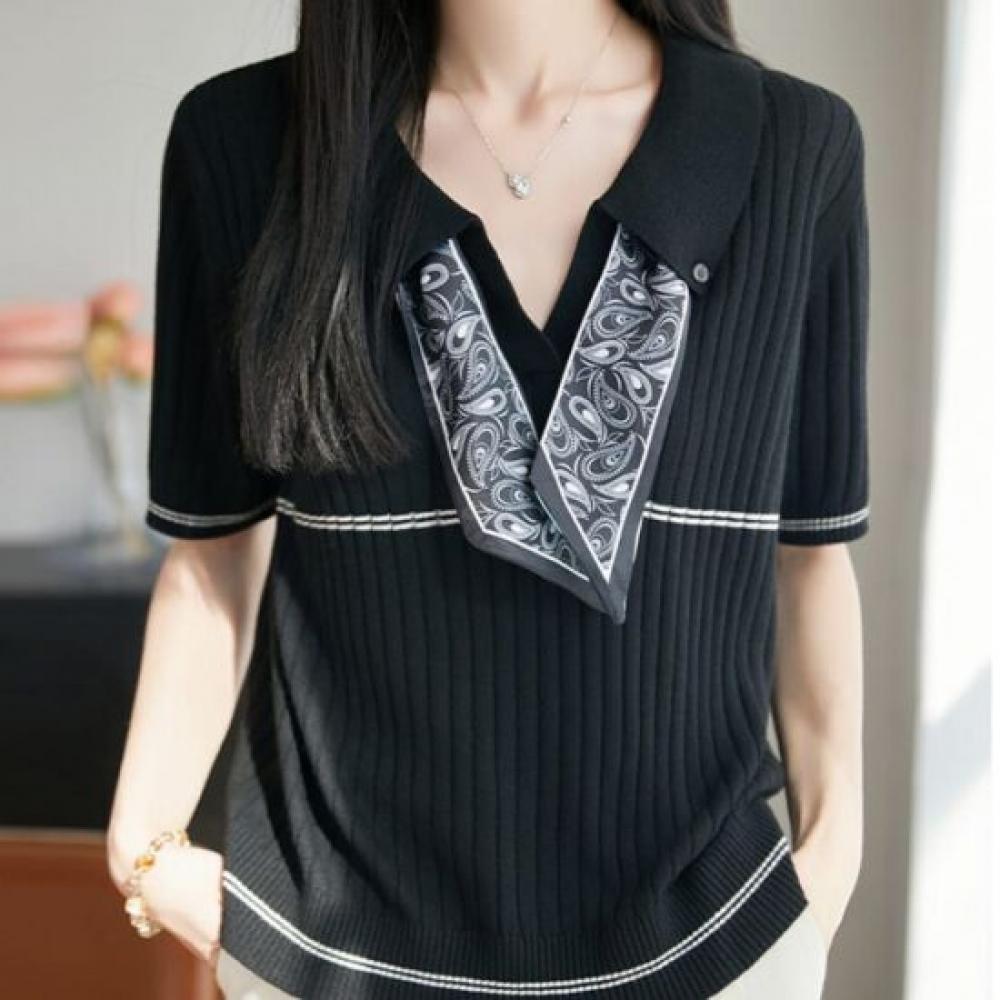 Navava Women Ribbed Scarf Collar Neck ShorT Sleeve KniT T Nk3630