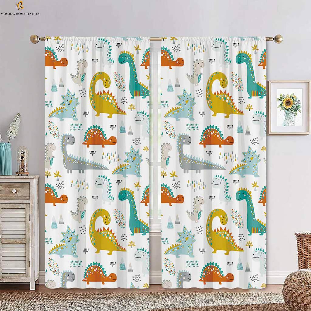 Set Of 2 Cute Cartoon Animal Dinosaur Print Curtains Bedroom Living Room Kitchen Kids Decorative Curtain With Rod Pocket Polyester Perfect For Sitting