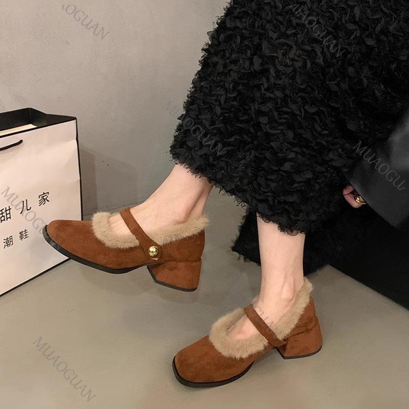 Elegant Chunky Heel Furry Pumps for Women Retro Square Head Plush Mary Jane Shoes Fashion Suede Middle Heeled Women Dress Shoes