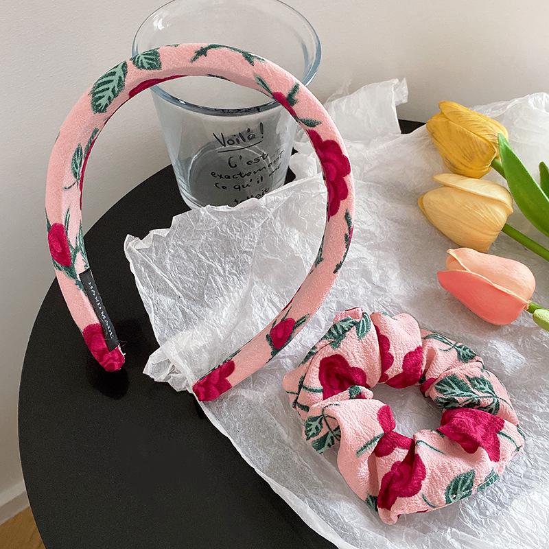 Retro French Pink Dried Rose Ruched Headband and Hair Tie Set