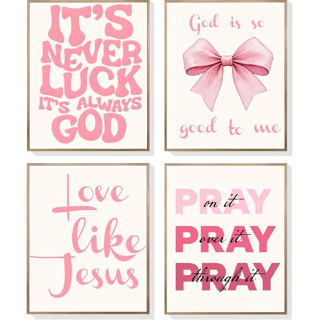 EVER-GOING TUNE Pink Girly Jesus Wall Decor Set of 4,pirational Bible Verses Bow Poster,pirational Bible Verses Bow Art Decor, for Girls Bedroom розовый