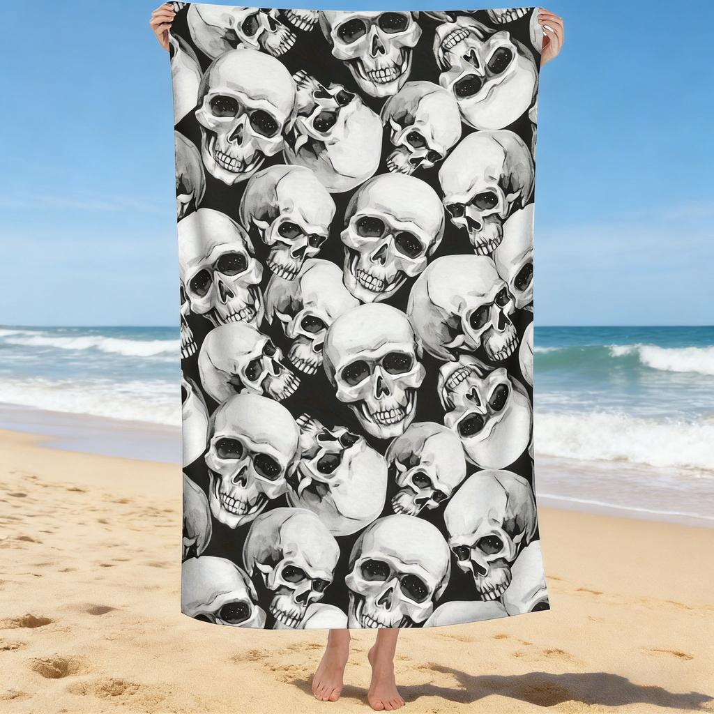 1PC Gothic Skull Design Print Beach Towel Quick-drying Towel Suitable for Seaside Pool Camping Vacation and pool A Cool Gift