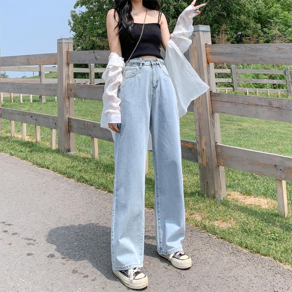 Women's High Waist Wide Leg Straight Long Loose Fit Denim Pants Casual Jeans