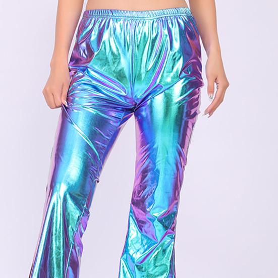 Pantaloni cu fundul clopot pentru femei, metalic lucios, culoare solidă, talie elastică, pentru femei, performanță pe scenă, pantaloni evazați, costum de petrecere disco, epocă