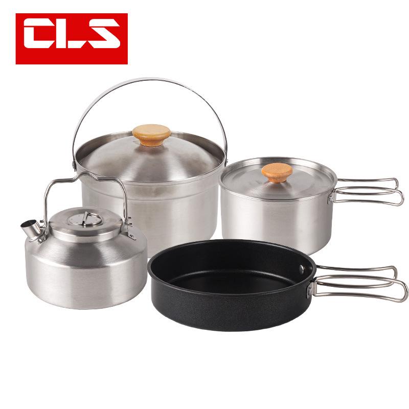 CLS Outdoor 4-teiliges Camping-Kochgeschirrset aus Edelstahl mit Antihaft-Bratpfanne und Suppentopf.