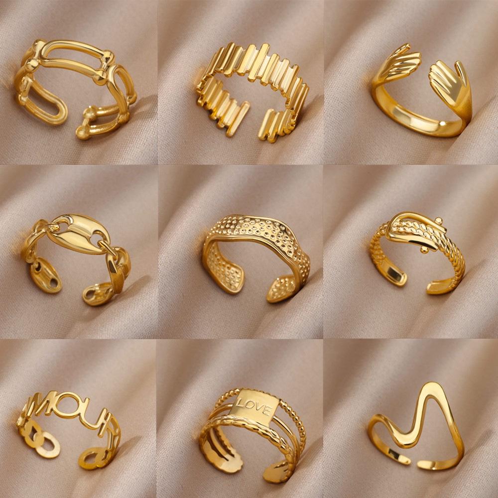 18k Gold Plated Men's Adjustable Geometric Stainless Steel Ring - Korean Style