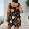 Women Plus Size Crew Neck Tank Romper Moon Star Celestial Print Jumpsuit Shorts