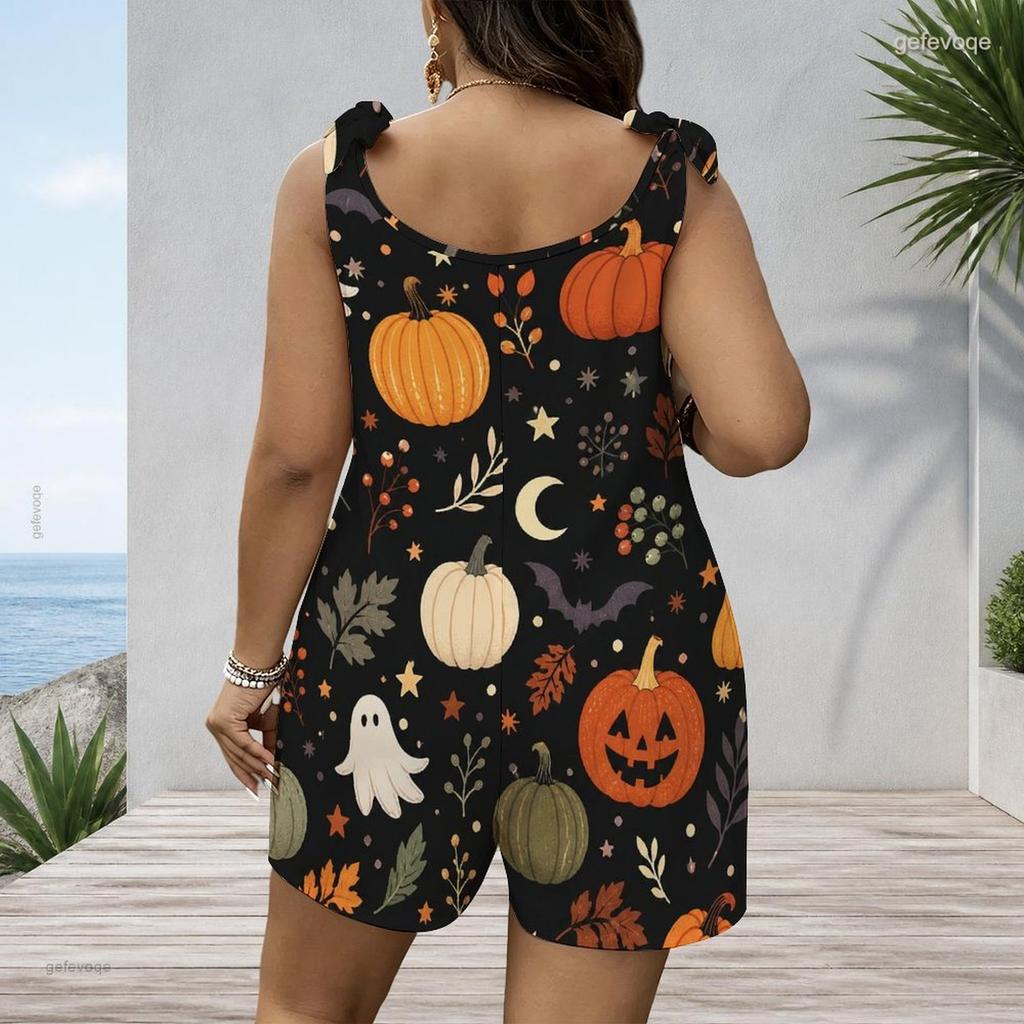 Women Plus Size Crew Neck Tank Romper Moon Star Celestial Print Jumpsuit Shorts